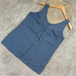 Nau Sleeveless Button Front Top Blouse Organic Cotton Silk in Blue Size M